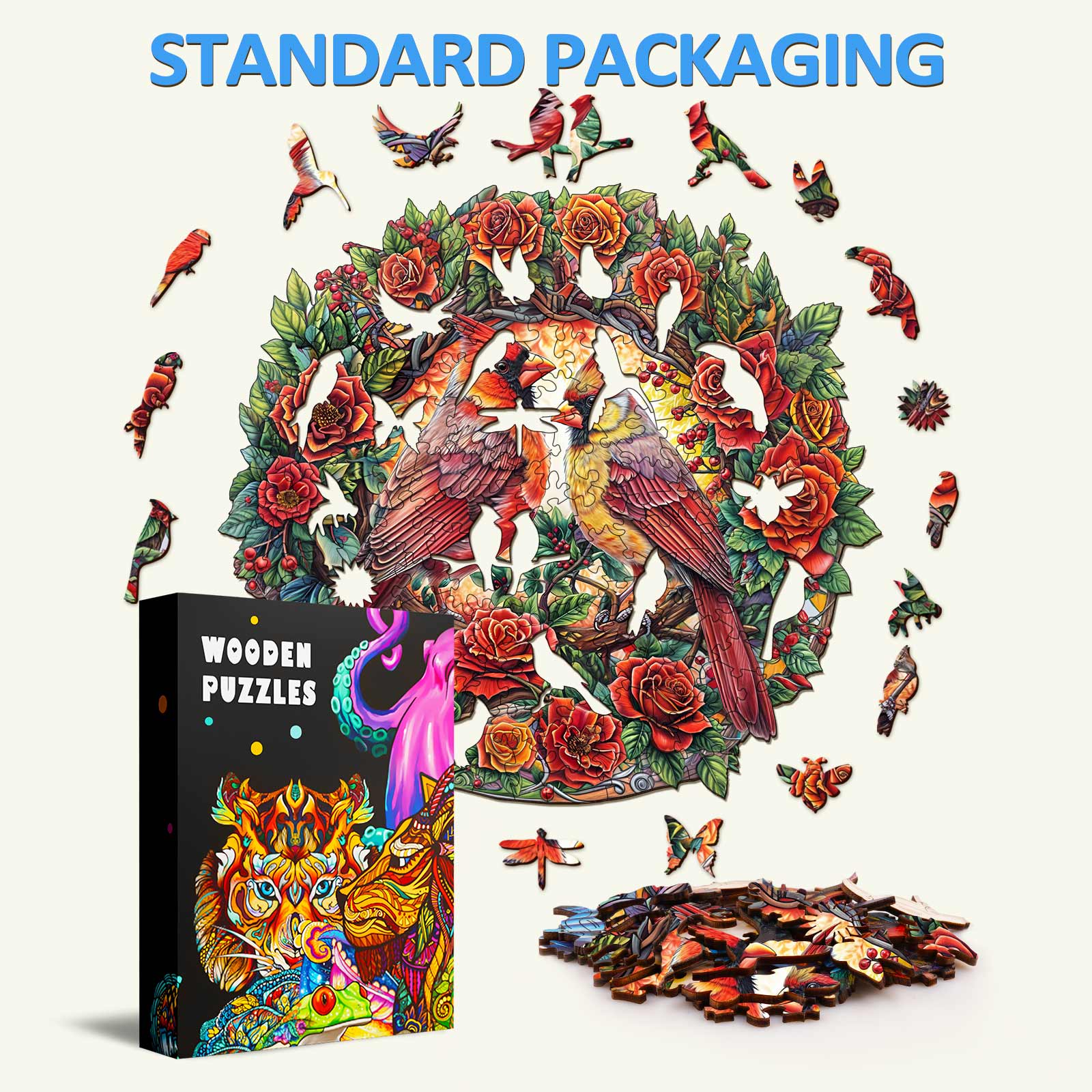 Rose Cardinal wooden jigsaw puzzle pieces with vibrant design, perfect for enhancing focus and cognitive skills.