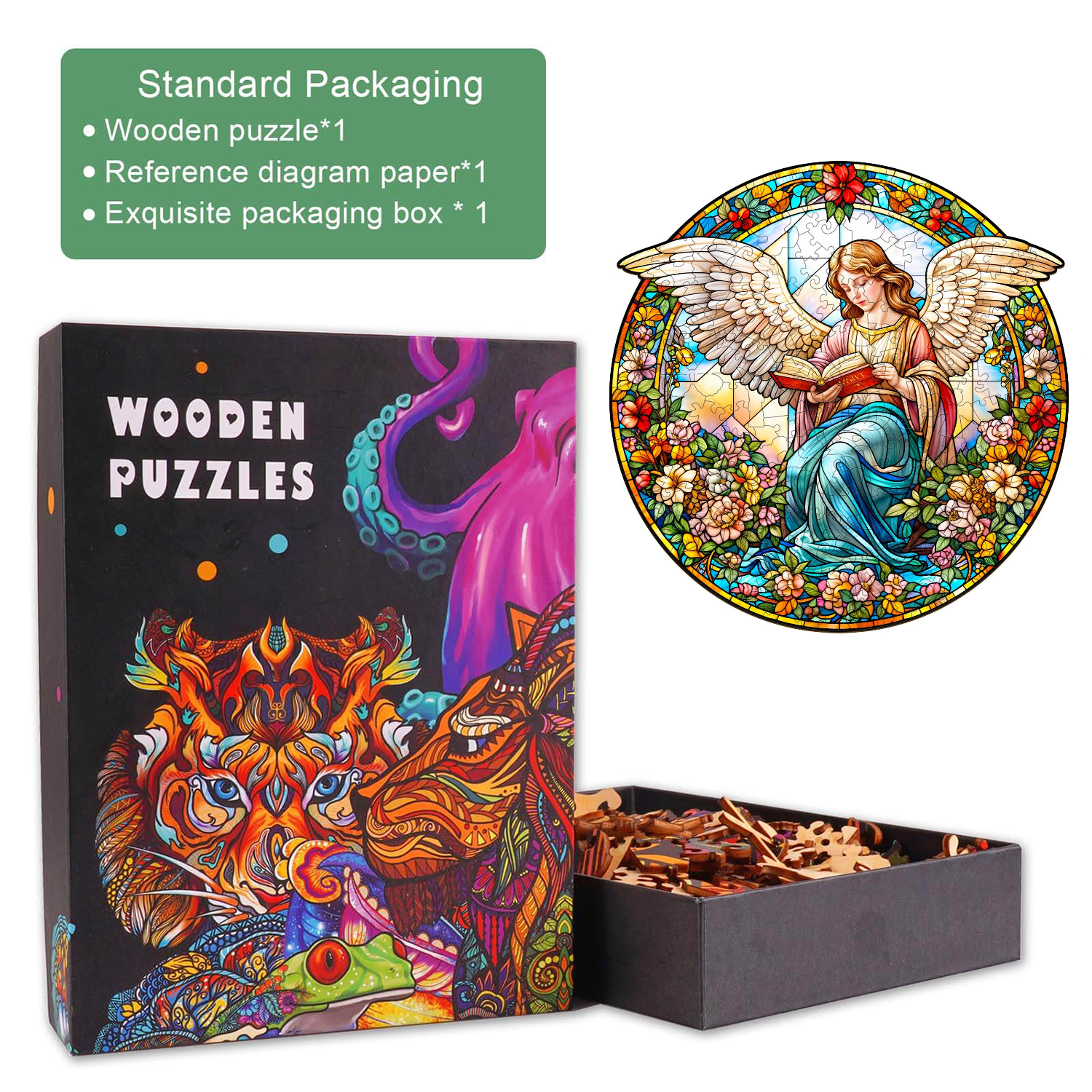 Angelic Garden wooden jigsaw puzzle with exquisite packaging and reference diagram, perfect for puzzle enthusiasts.