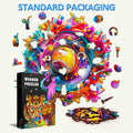 Color Rhapsody wooden jigsaw puzzle pieces and packaging, vibrant colors, perfect for enhancing focus and intelligence.