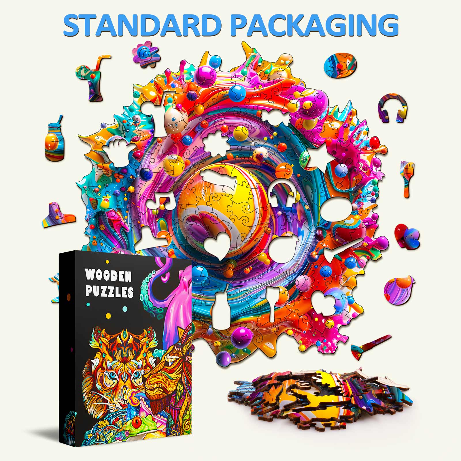 Color Rhapsody wooden jigsaw puzzle pieces and packaging, vibrant colors, perfect for enhancing focus and intelligence.