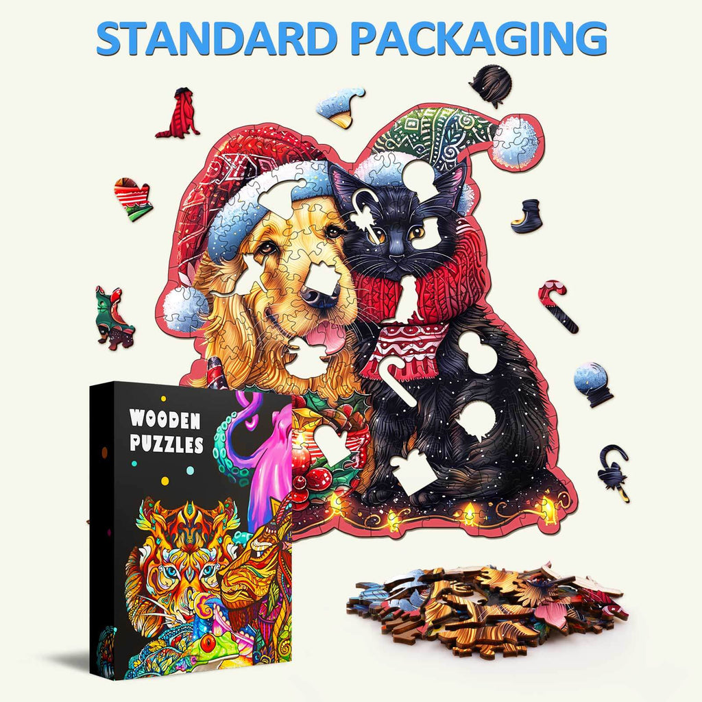 Christmas Family wooden jigsaw puzzle displayed with colorful pieces and packaging, ideal for focused mind games.