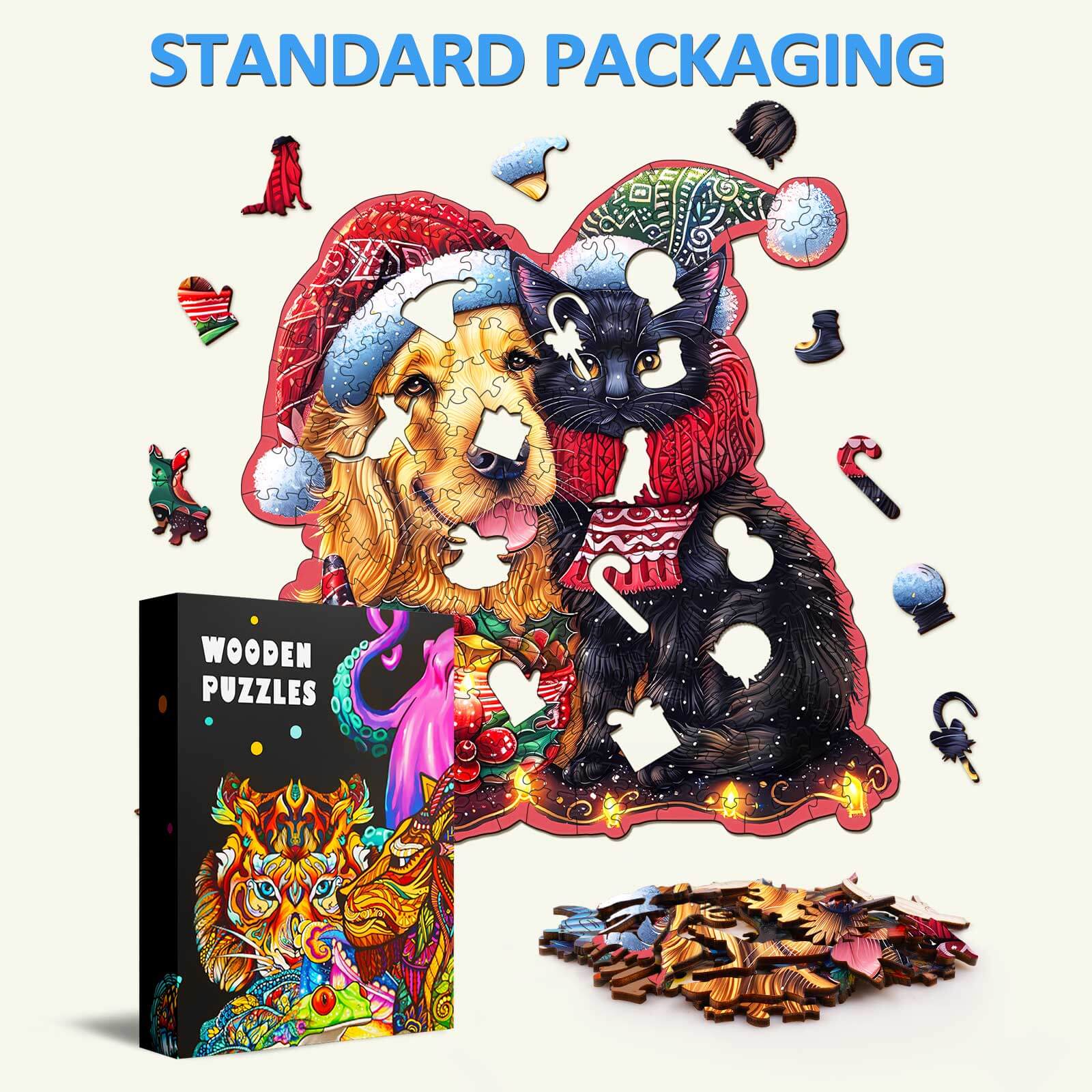 Christmas Family wooden jigsaw puzzle displayed with colorful pieces and packaging, ideal for focused mind games.