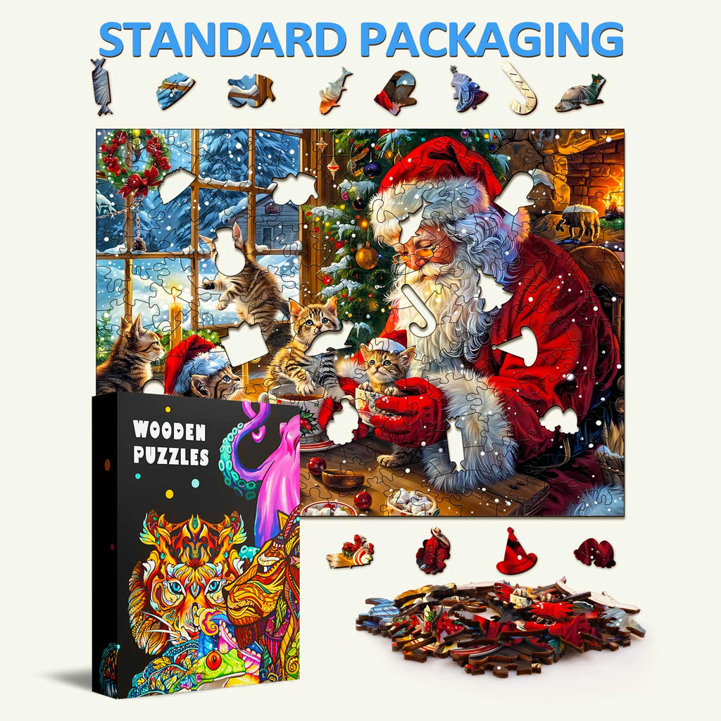 Warm Christmas-2 wooden jigsaw puzzle featuring Santa, kittens, and vibrant pieces for focused fun and brain training.