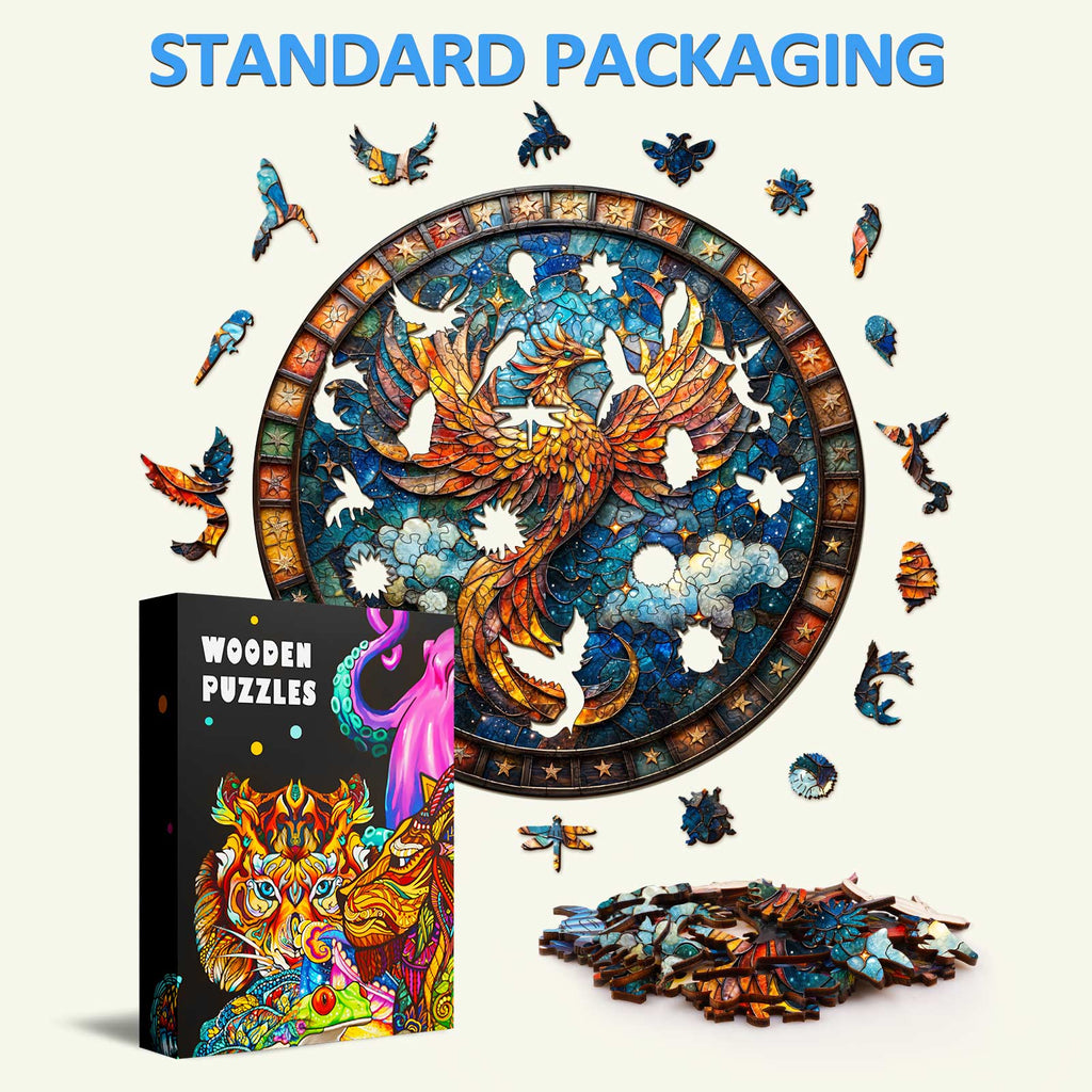 Starry Sky Phoenix wooden jigsaw puzzle, featuring vibrant design pieces and standard packaging for mind games.
