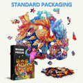 Colorful goldfish wooden jigsaw puzzle pieces with vibrant ocean themes, showcasing standard packaging.