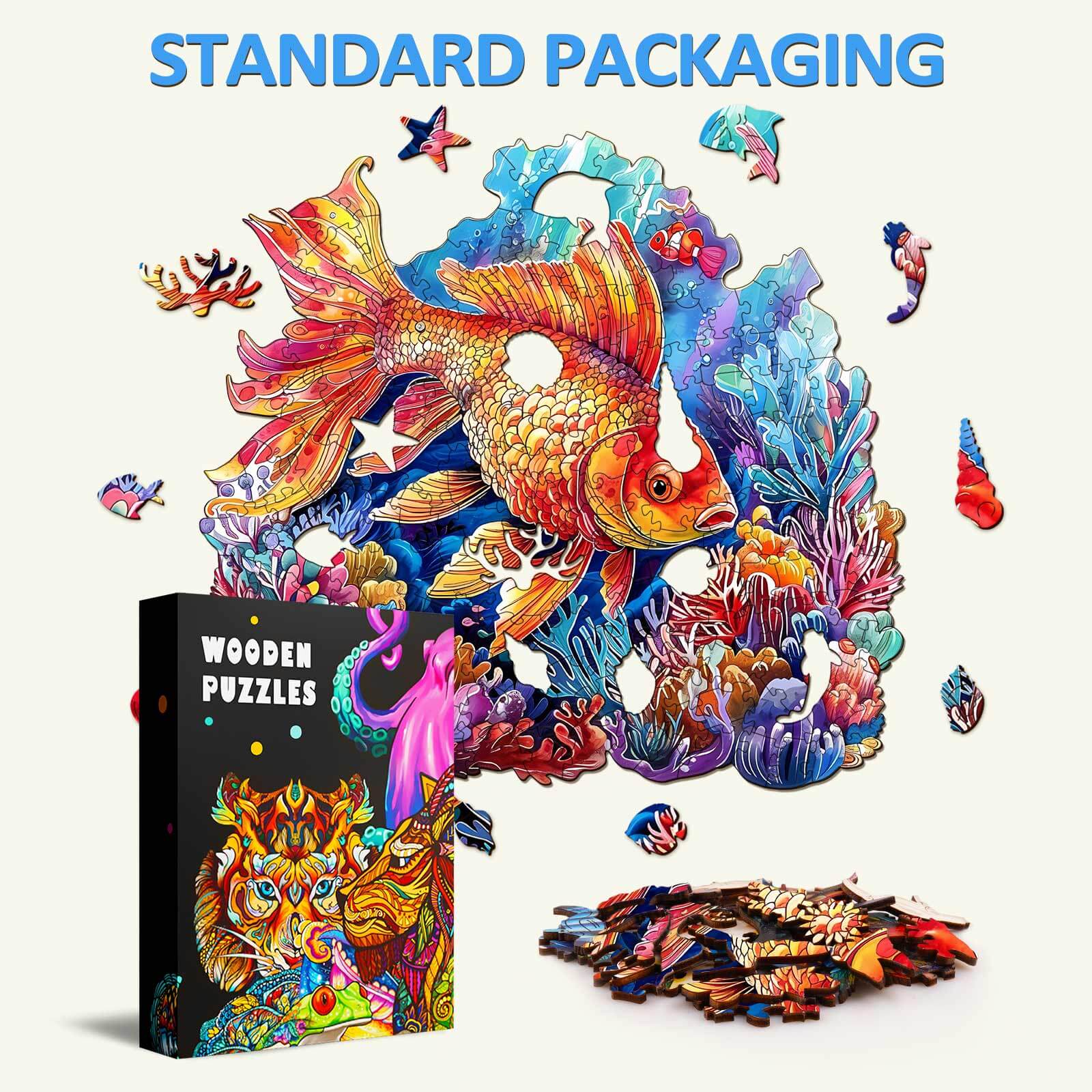 Colorful goldfish wooden jigsaw puzzle pieces with vibrant ocean themes, showcasing standard packaging.