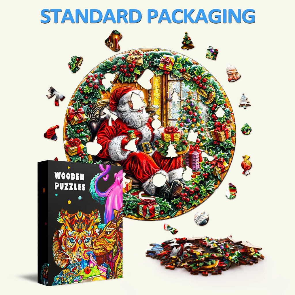 Christmas Wreath wooden jigsaw puzzle featuring Santa, holiday decorations, and a colorful box design in standard packaging.