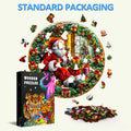 Christmas Wreath wooden jigsaw puzzle featuring Santa, holiday decorations, and a colorful box design in standard packaging.
