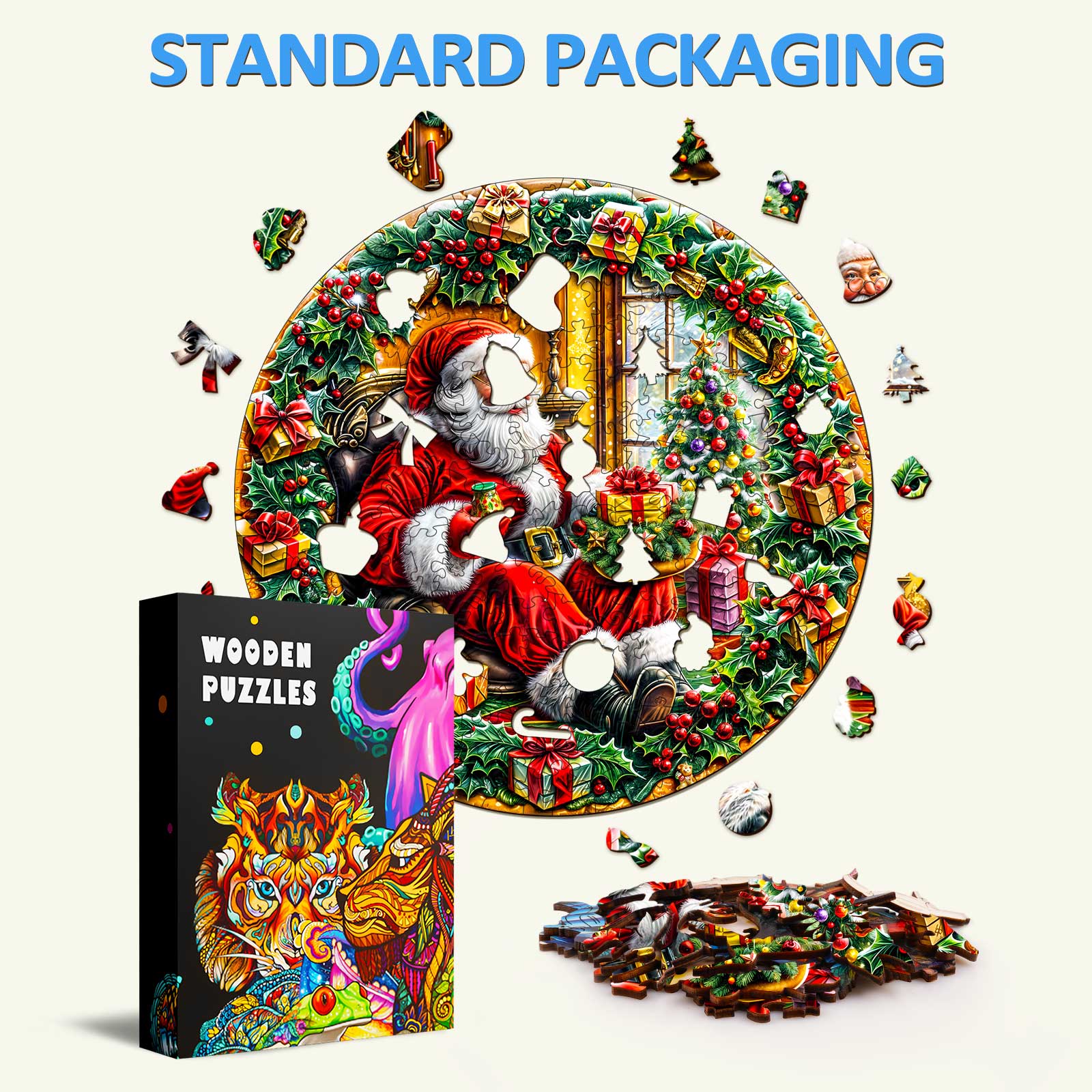 Christmas Wreath wooden jigsaw puzzle featuring Santa, holiday decorations, and a colorful box design in standard packaging.