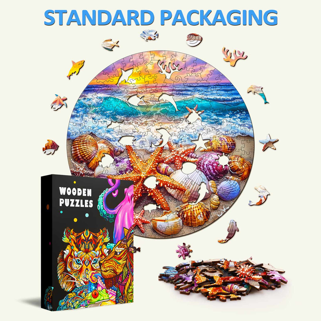 Ocean and Shells-2 Wooden Jigsaw Puzzle with vibrant marine scene and seashell pieces, ideal for sharpening focus and cognitive skills.