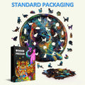 Acid Cat wooden jigsaw puzzle with vibrant cat design, pieces scattered next to the box showcasing standard packaging.