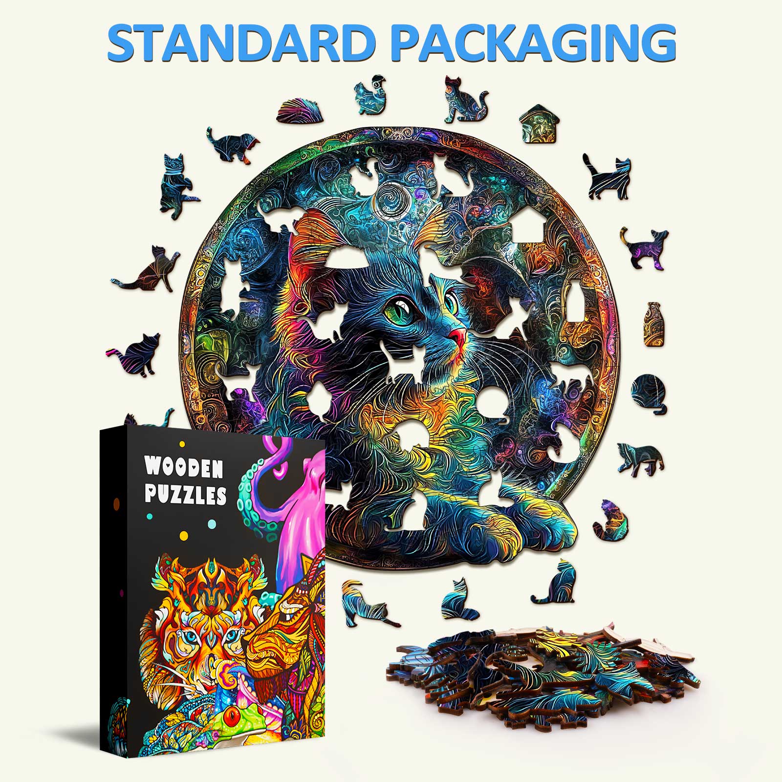 Acid Cat wooden jigsaw puzzle with vibrant cat design, pieces scattered next to the box showcasing standard packaging.
