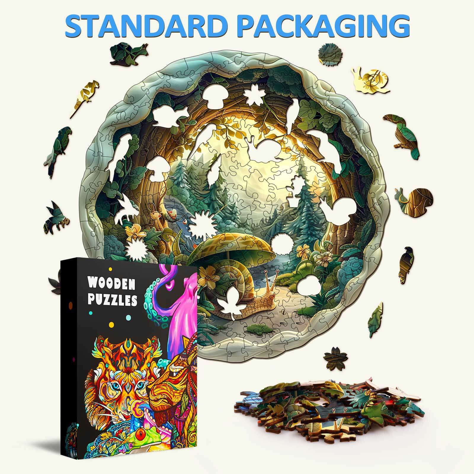3D Snail-1 Wooden Jigsaw Puzzle with colorful pieces and packaging, perfect for enhancing focus and problem-solving skills.
