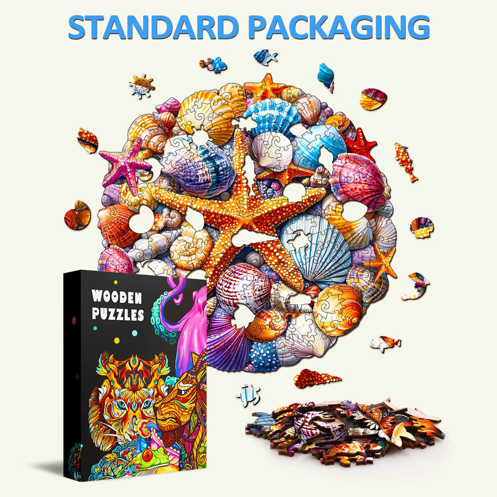 Colorful Shells Wooden Jigsaw Puzzle box with vibrant shell pieces, perfect for enhancing focus and cognitive skills.