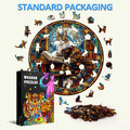The Maine Cat Library wooden jigsaw puzzle featuring a colorful cat surrounded by books and puzzle pieces, ideal for brain teasers.