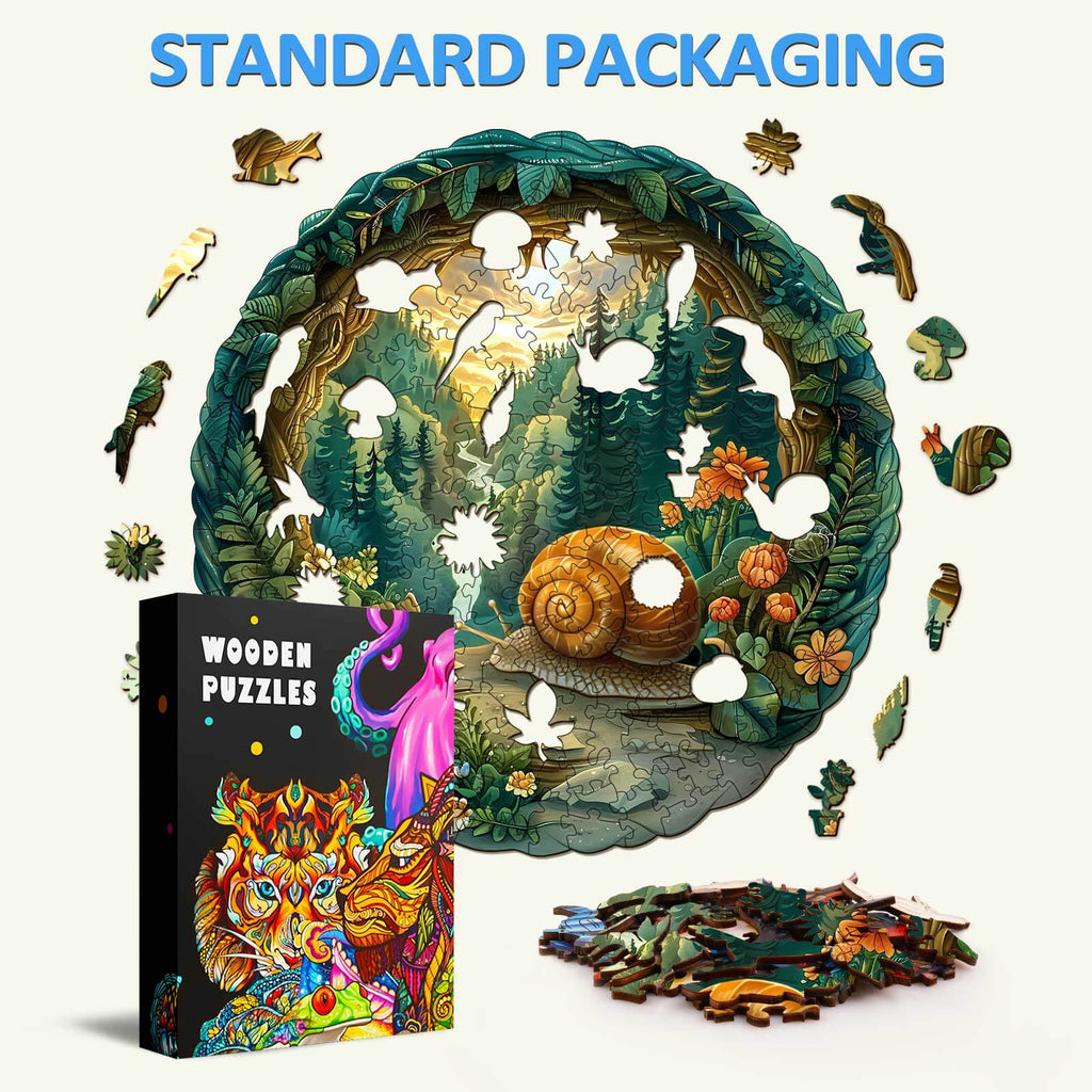 3D Snail-2 wooden jigsaw puzzle with colorful pieces and box packaging, enhancing focus and cognitive skills.