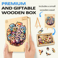 Premium Baby Owls wooden jigsaw puzzle in a beautifully designed gift box with a small wooden easel.