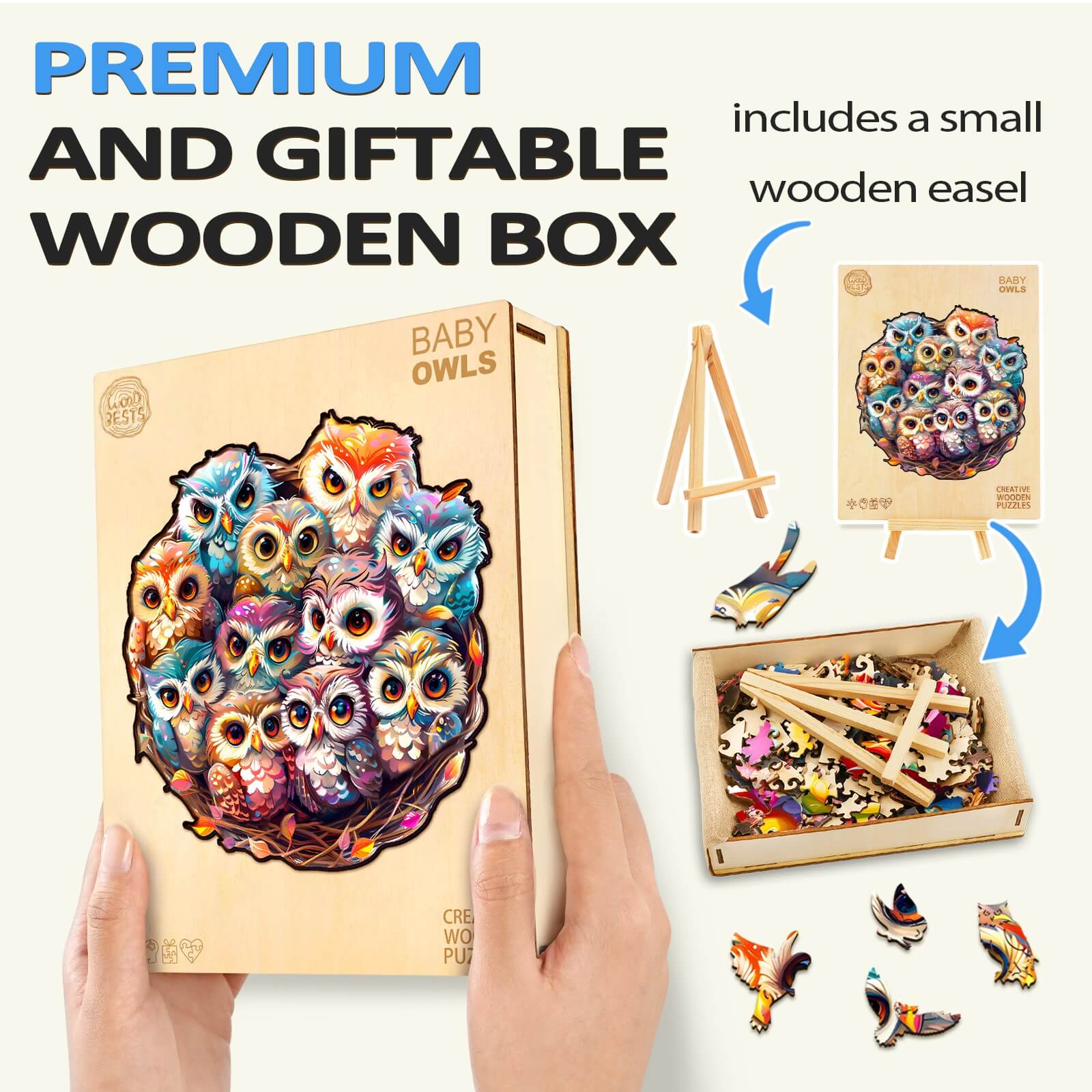 Premium Baby Owls wooden jigsaw puzzle in a beautifully designed gift box with a small wooden easel.