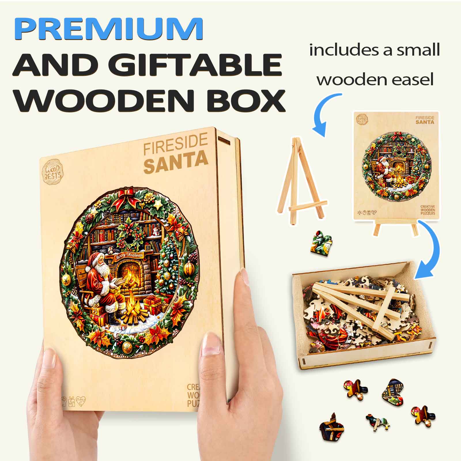 Fireside Santa wooden jigsaw puzzle in a premium box with wooden easel, ideal for gifting and brain games.