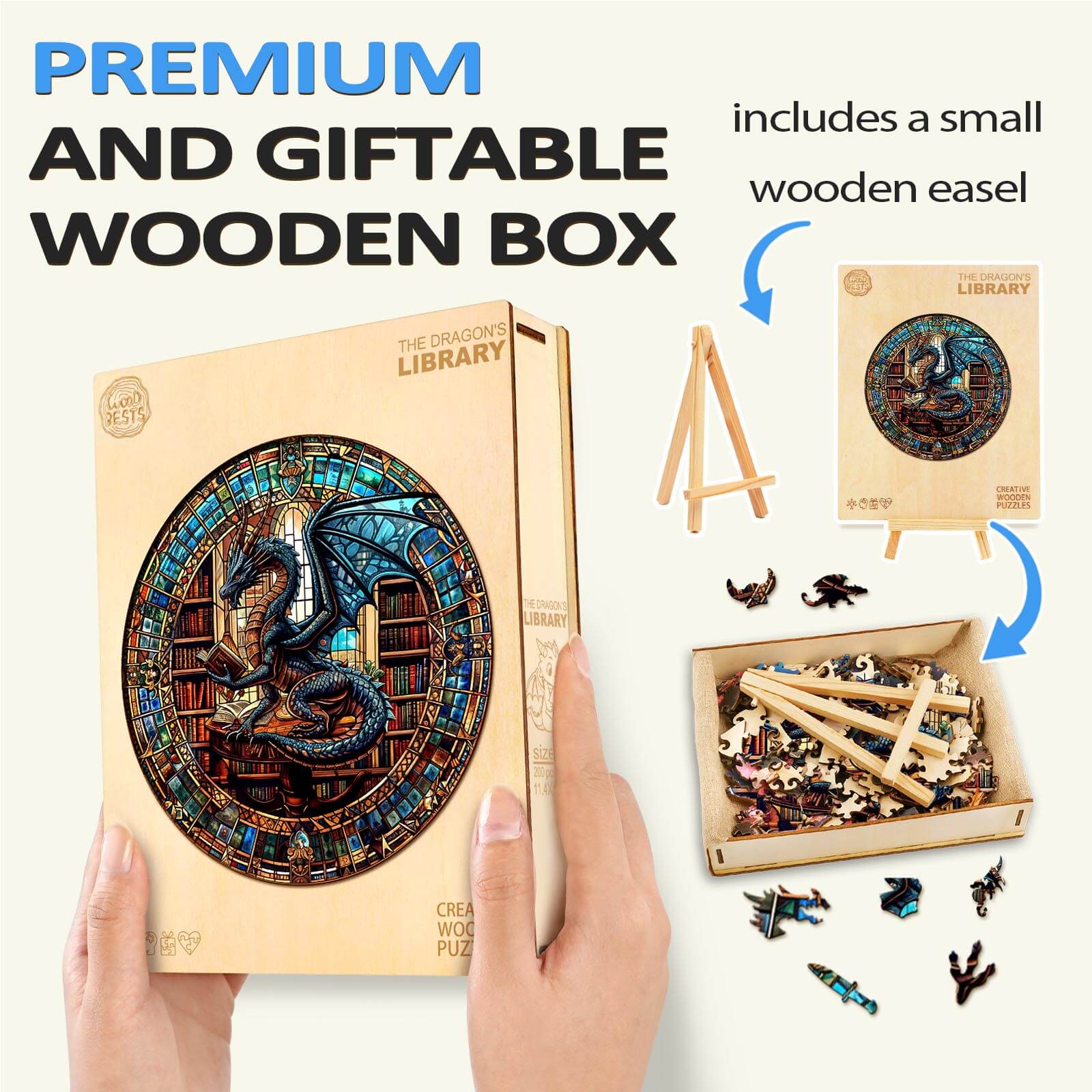 The Dragon's Library wooden puzzle in a premium box with easel, perfect for gifting and enhancing focus.