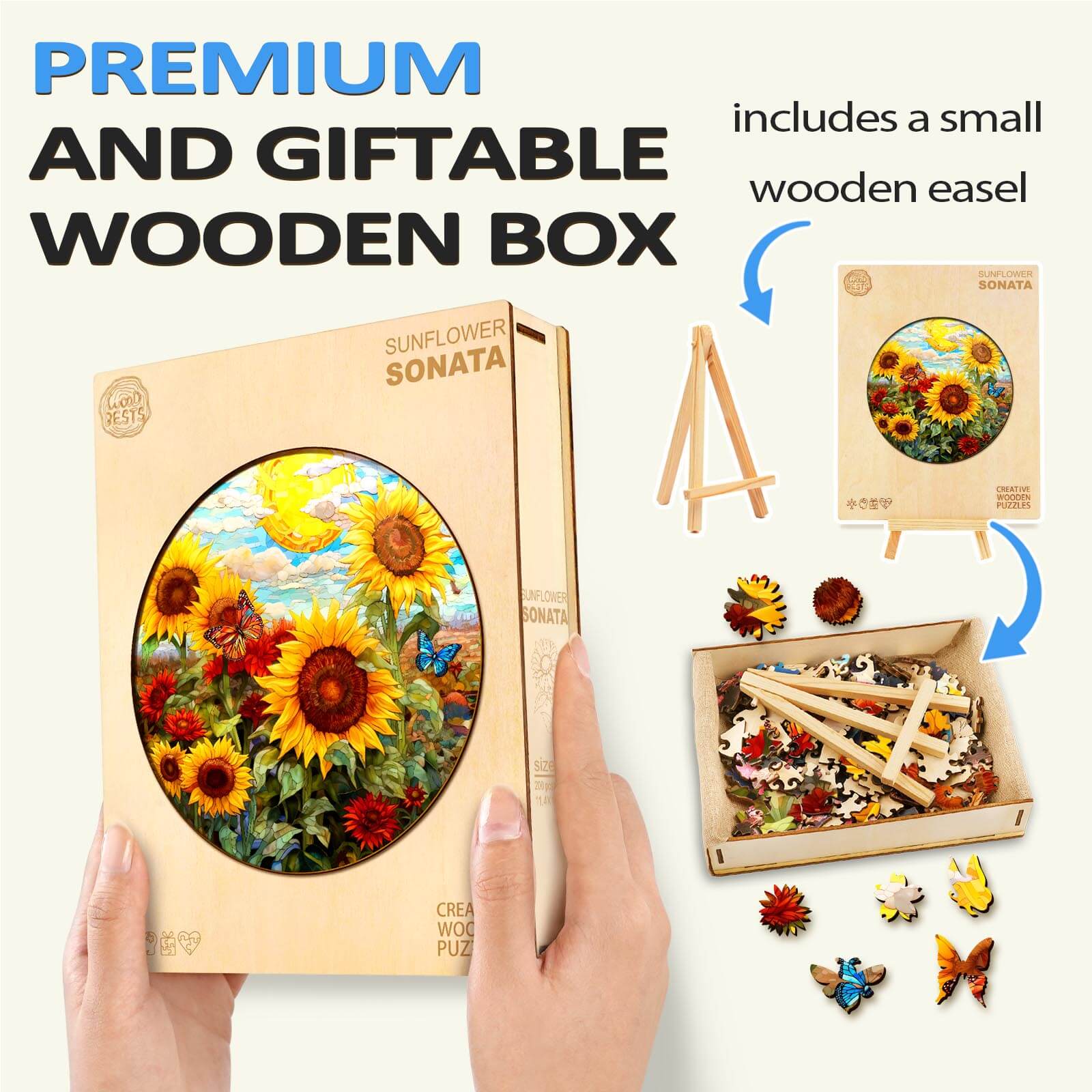 Sunflower Sonata wooden jigsaw puzzle in a premium gift box, featuring vibrant sunflowers and included easel.