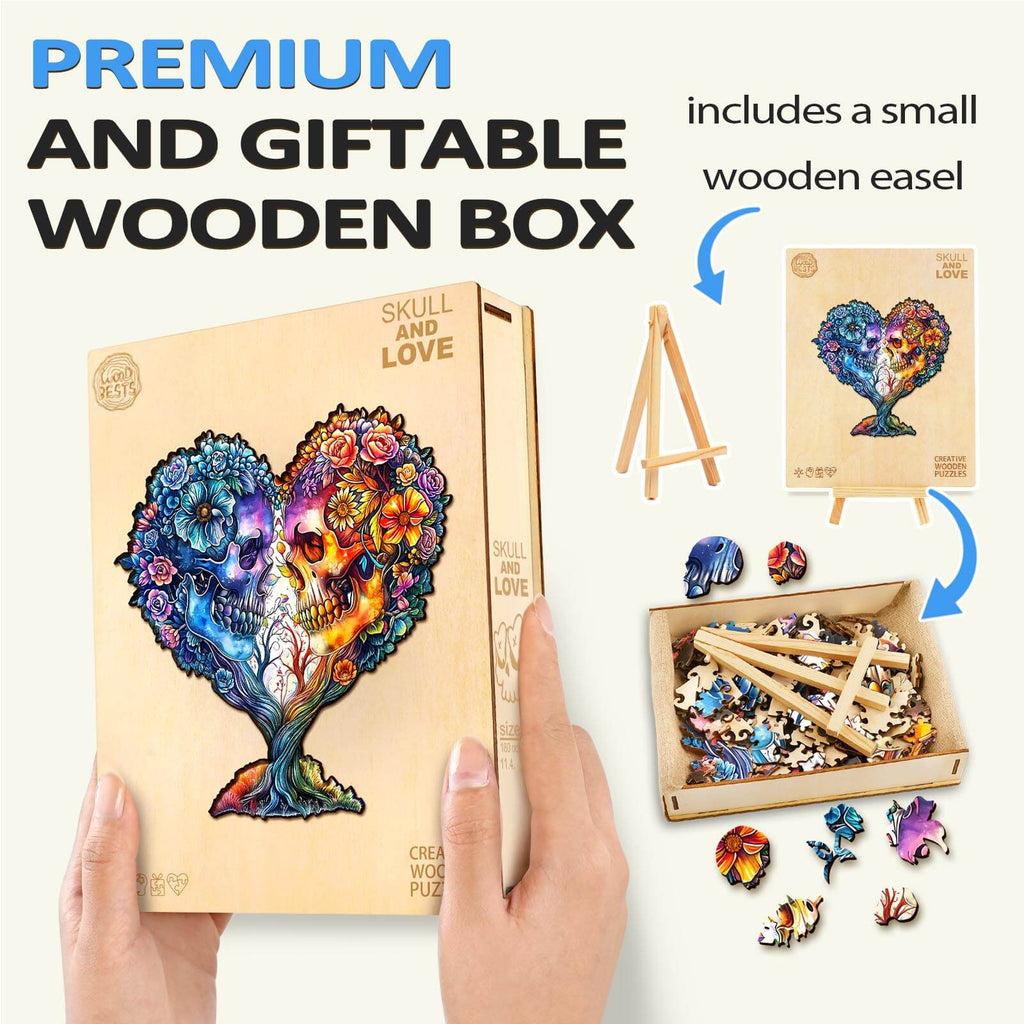 Skull and Love wooden jigsaw puzzle in a premium box, featuring a colorful heart design and small wooden easel.