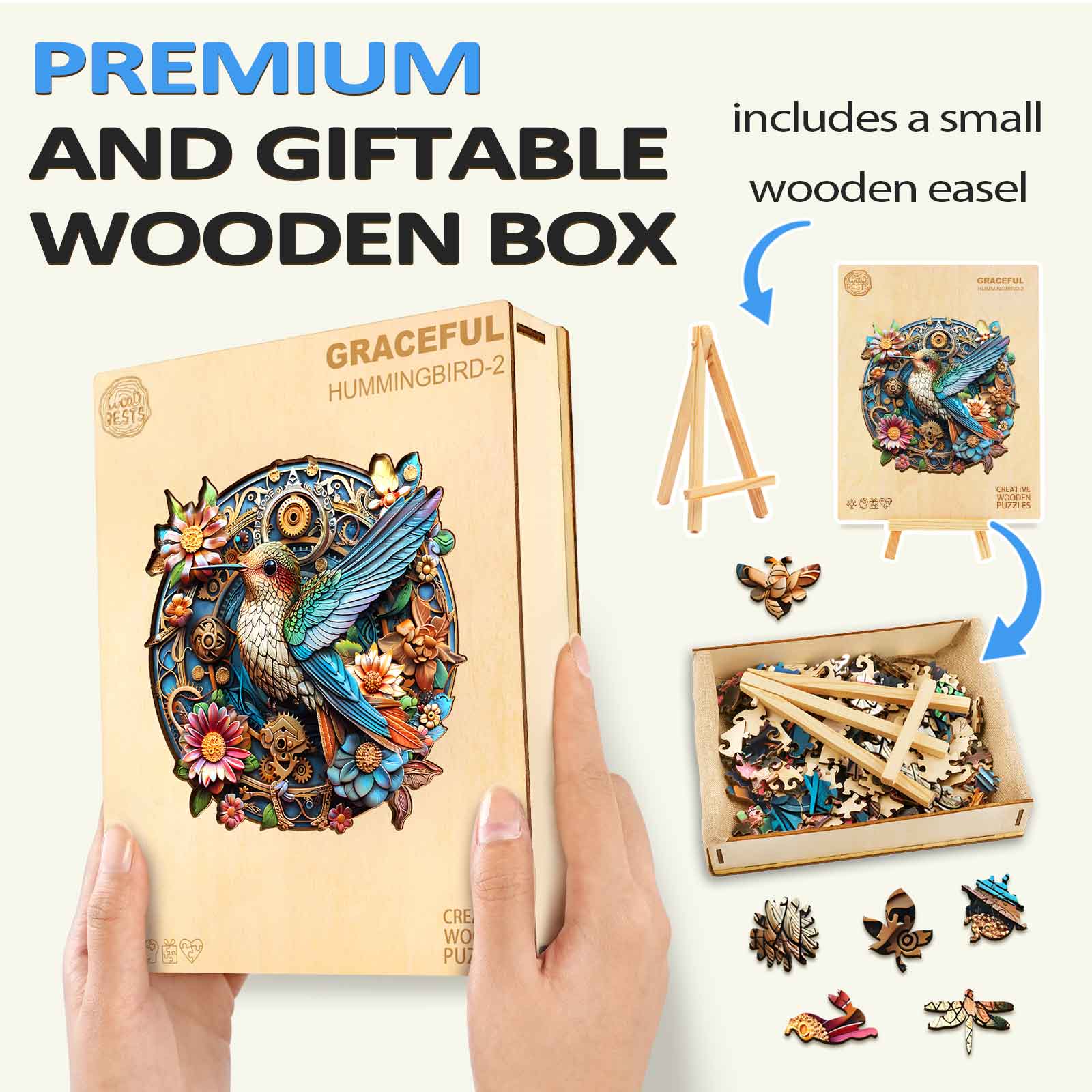 Graceful Hummingbird-2 wooden jigsaw puzzle in gift box with small wooden easel for creative fun and focus.