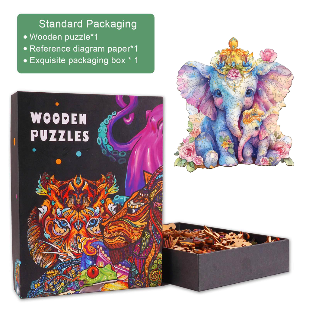 Colorful Parent child elephant wooden jigsaw puzzle with intricate designs in an exquisite packaging box.