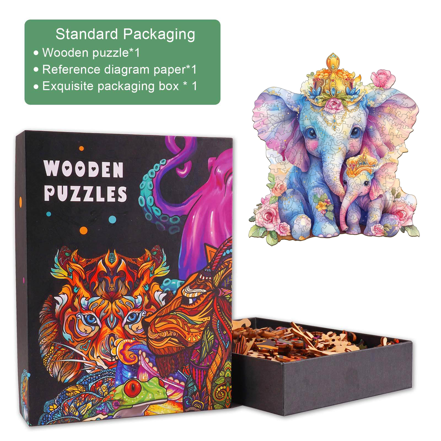 Colorful Parent child elephant wooden jigsaw puzzle with intricate designs in an exquisite packaging box.