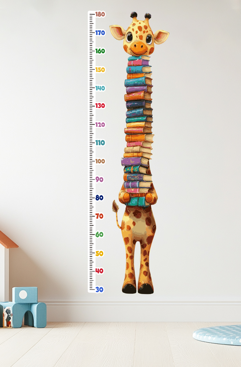 Cute Giraffe Holding Books Growth Chart Wall Decal