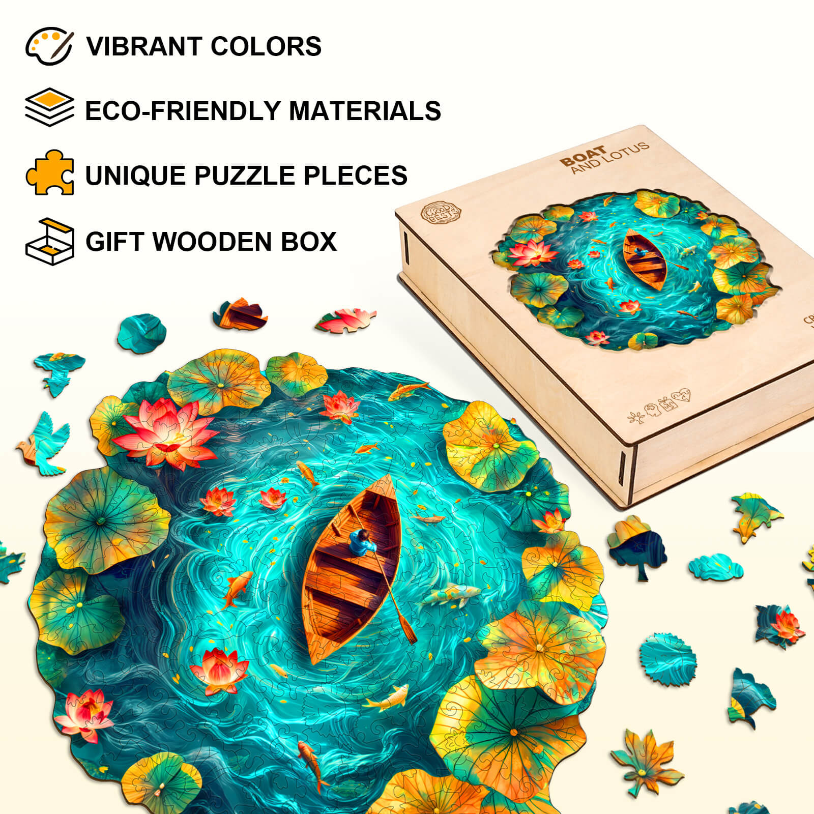 Boat and Lotus Wooden Jigsaw Puzzle