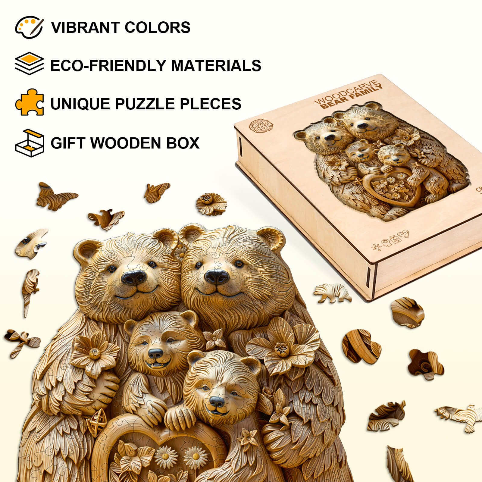 Woodcarve bear family Wooden Jigsaw Puzzle