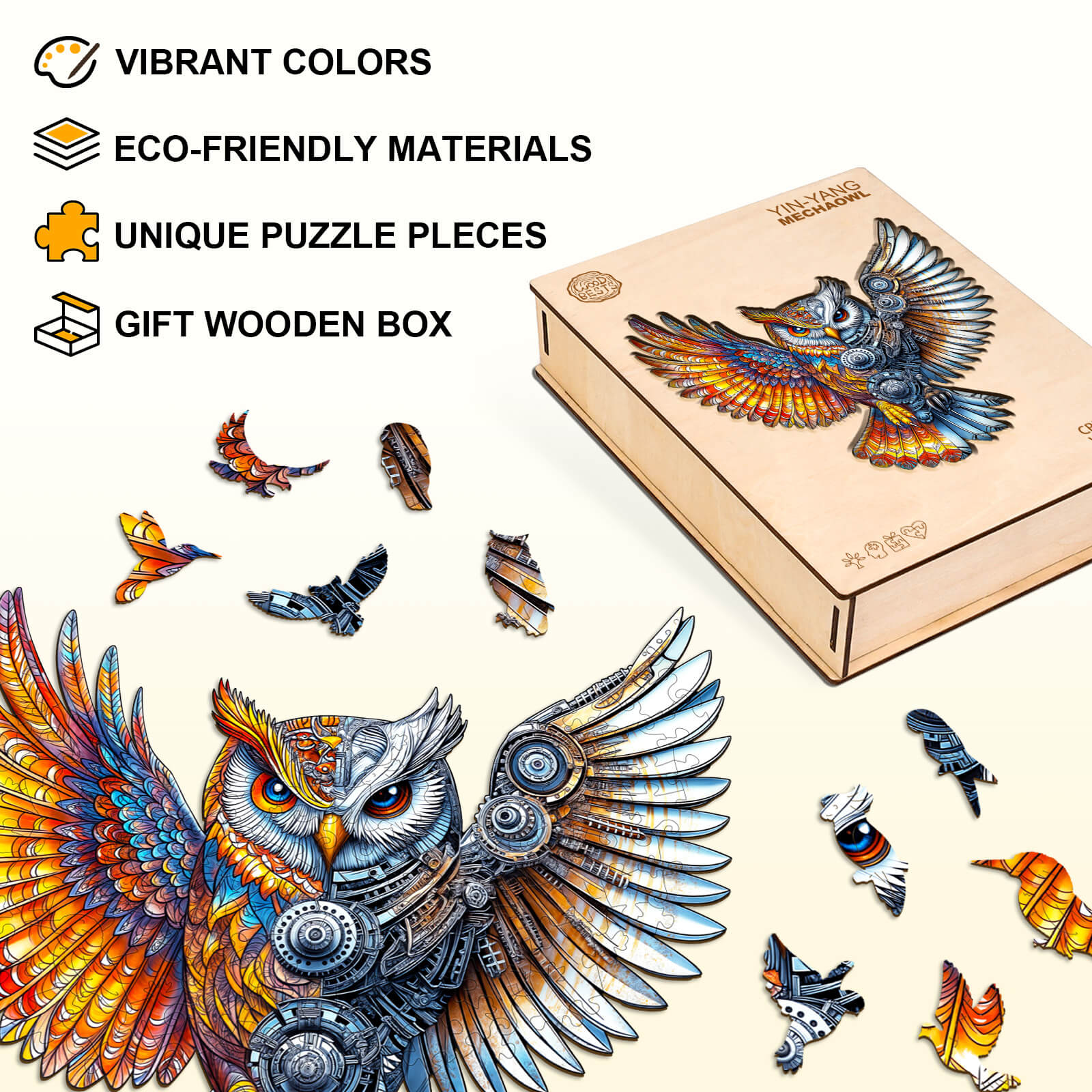 Yin-Yang MechaOwl Wooden Jigsaw Puzzle