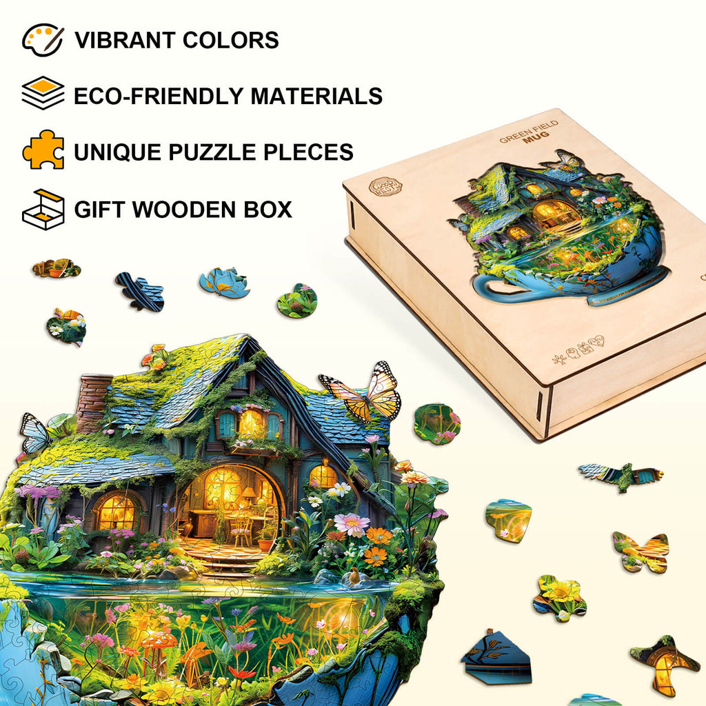 green Field mug Wooden Jigsaw Puzzle