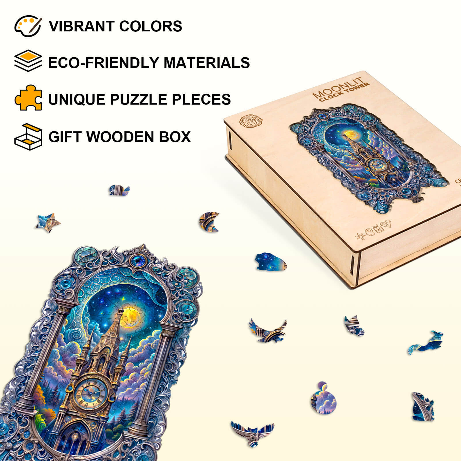 Moonlit clock tower Wooden Jigsaw Puzzle