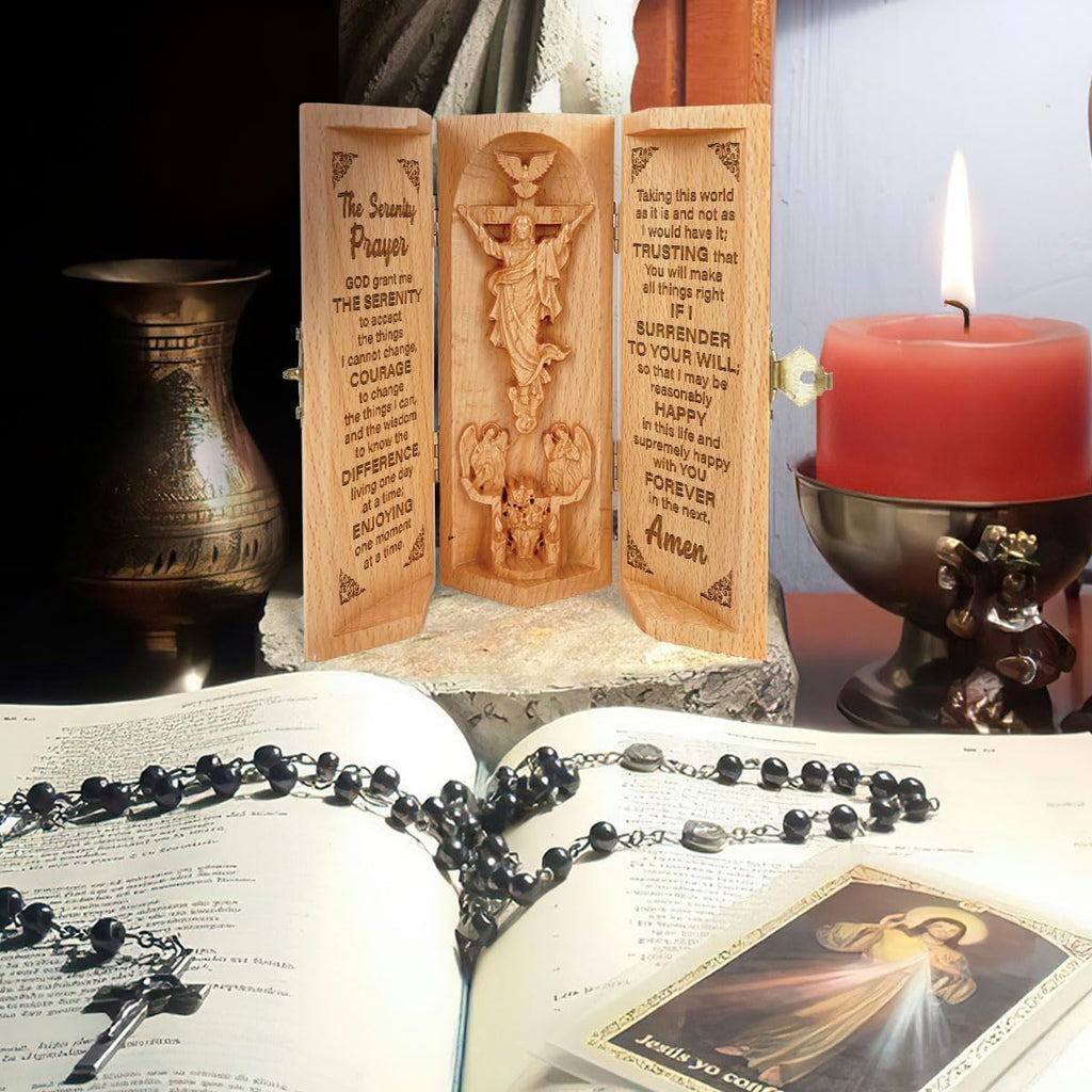The Serenity Prayer - Openable Wooden Cylinder Sculpture of Jesus Christ