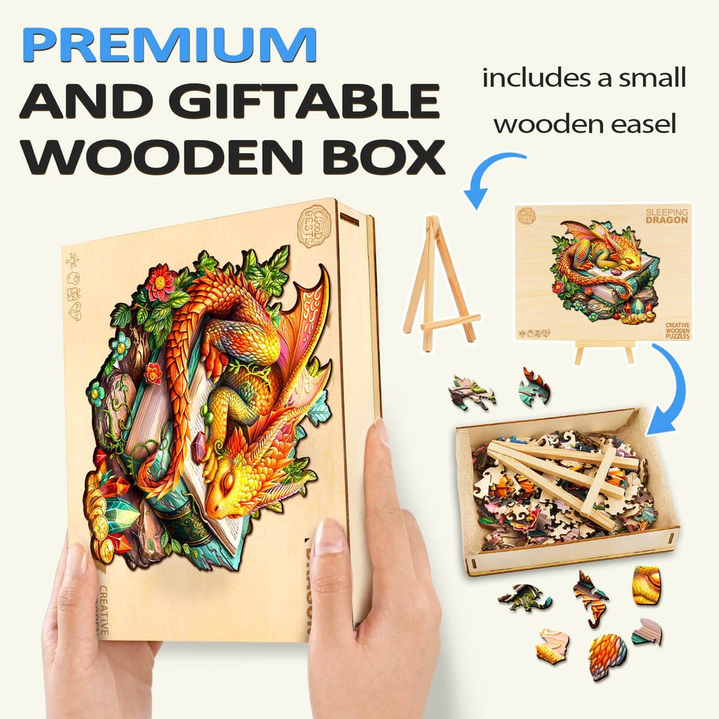 Premium Sleeping Dragon puzzle with wooden box and easel, ideal for gifting and mental challenges.