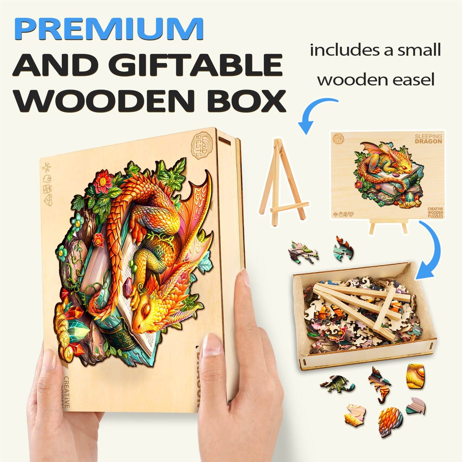 Premium Sleeping Dragon puzzle with wooden box and easel, ideal for gifting and mental challenges.