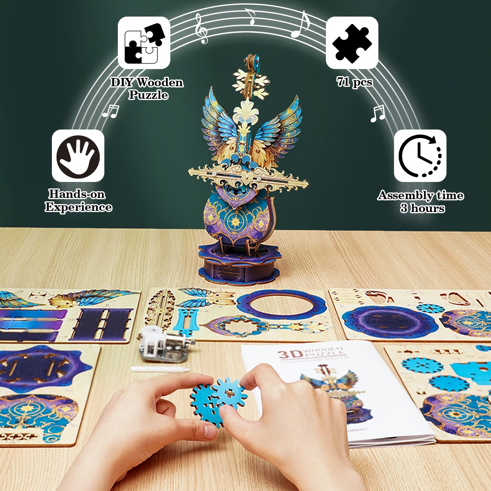 Blue Feather Cello– DIY Wooden Music Box, 3D Puzzle Craft Kit