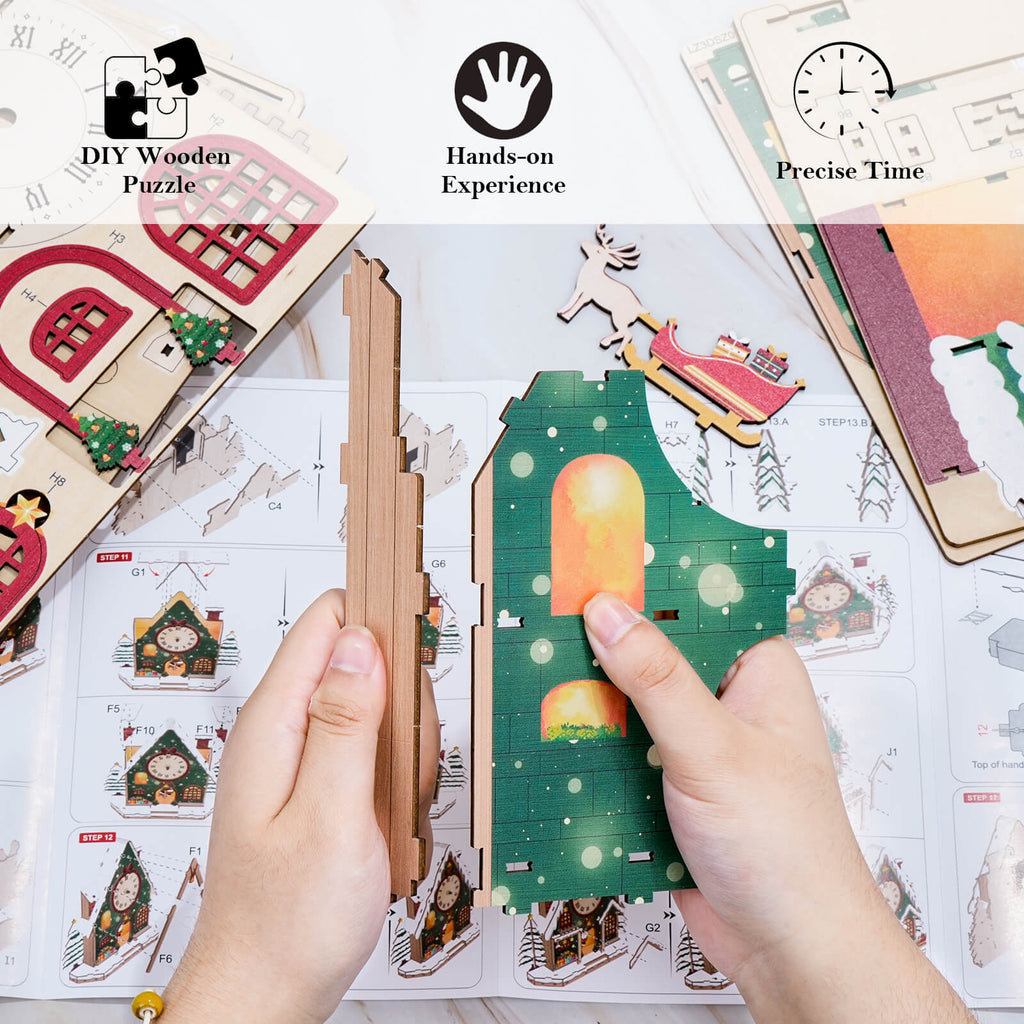 Christmas Snow House – DIY Wooden Clock, 3D Puzzle Craft Kit