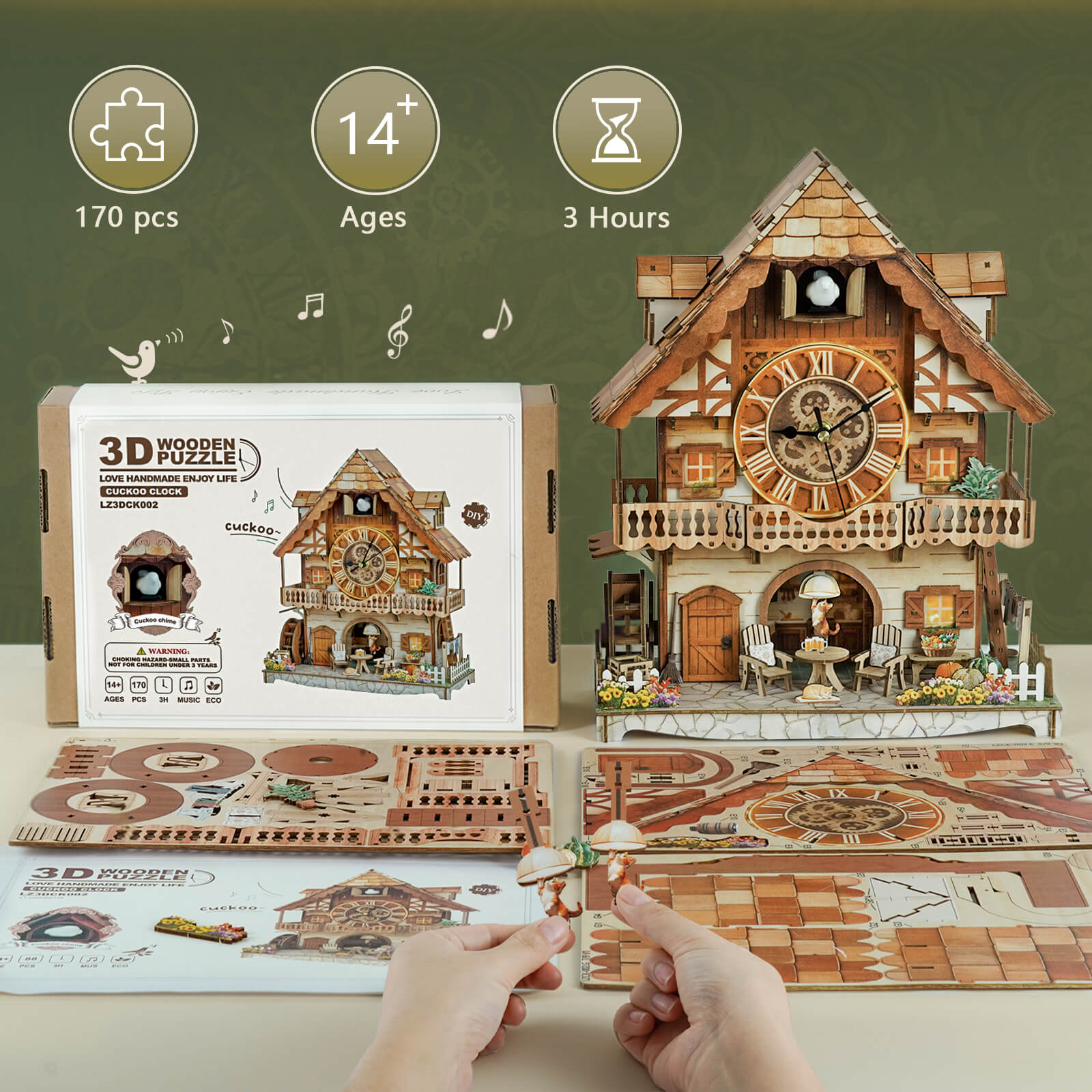Cuckoo Calling German Cottage – DIY Wood Clock, 3D Puzzle Kit