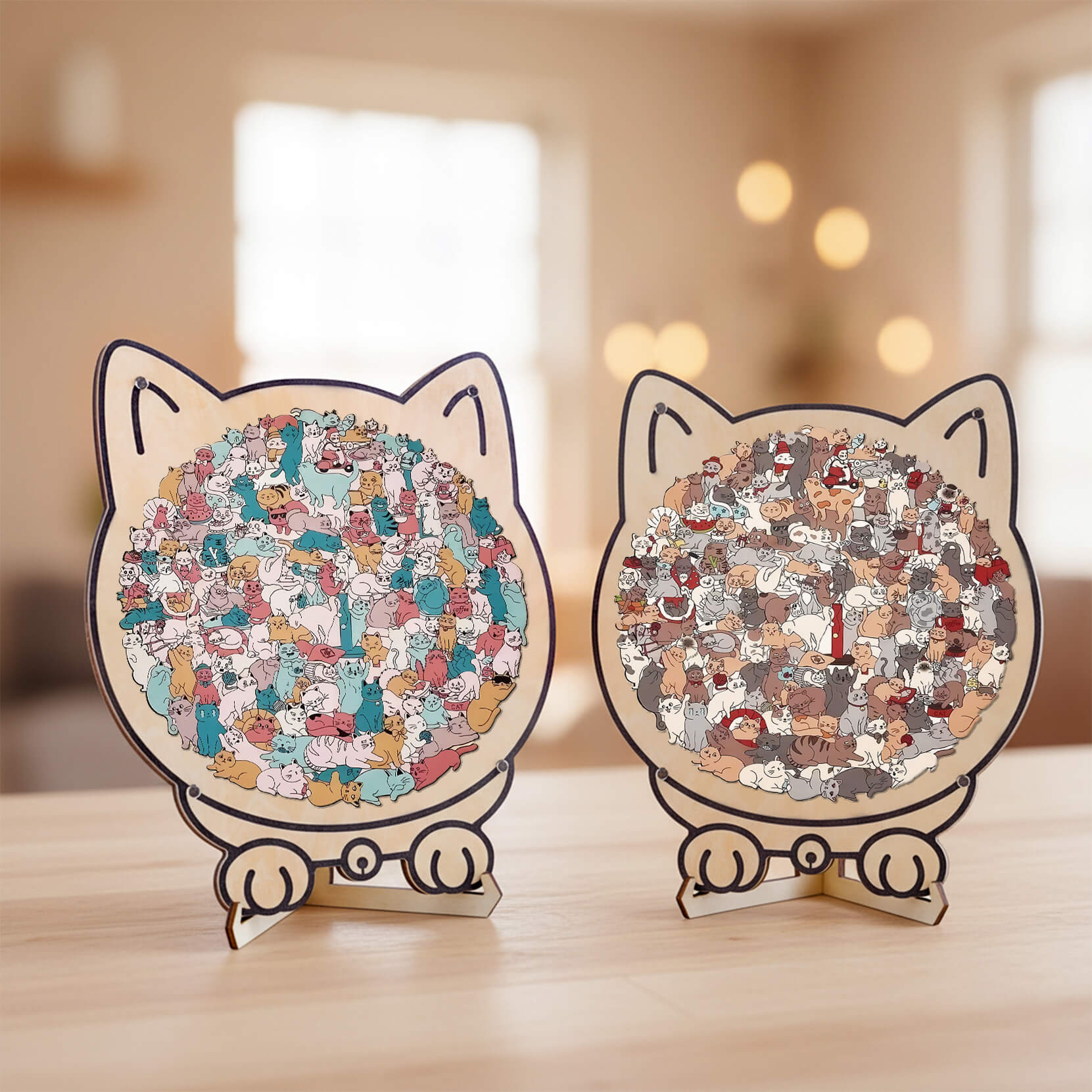 Morandi-Colored Cozy Cat Shaped Wooden Jigsaw Puzzle