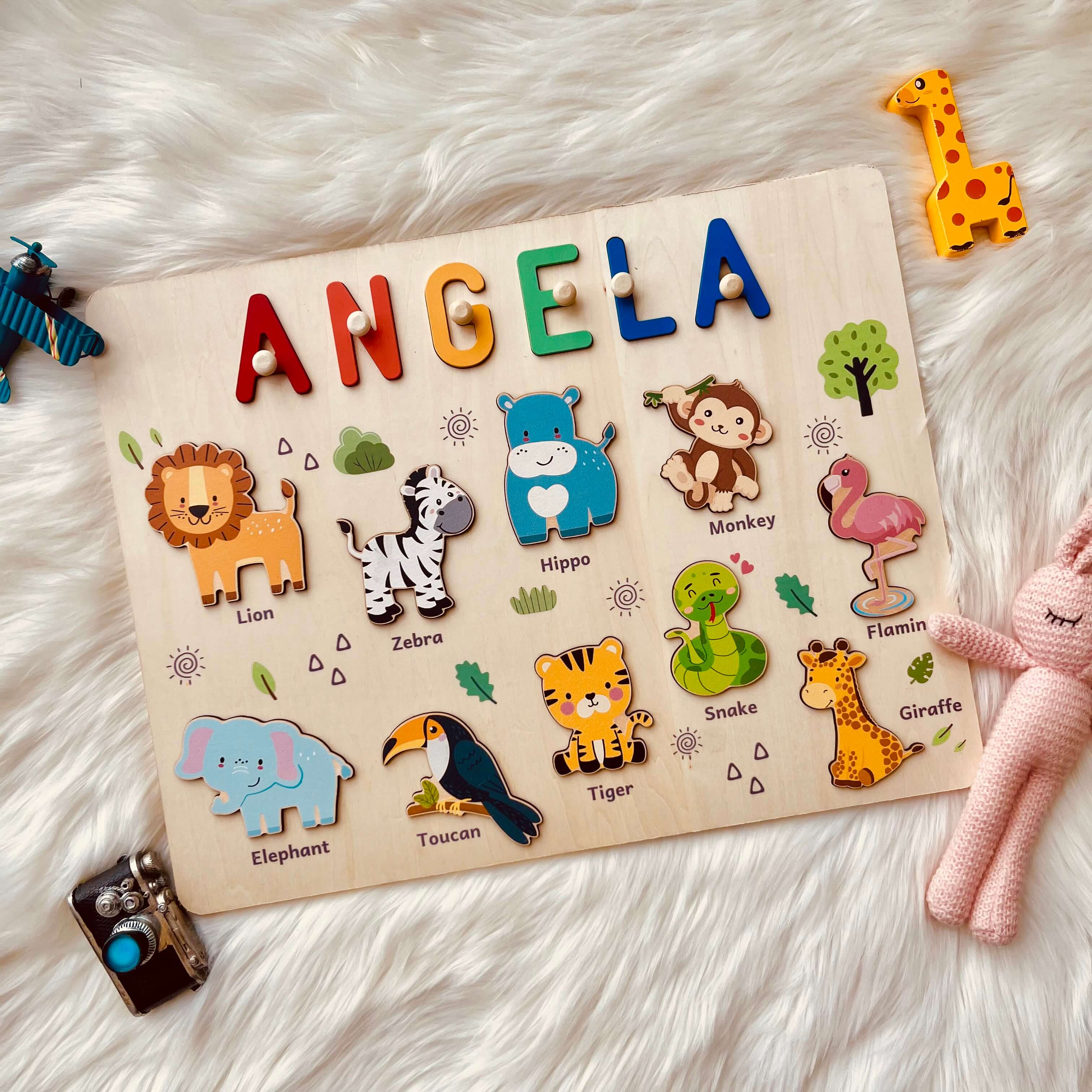 Personalized Wooden Name Puzzle - Safari Animal Toy for Toddlers