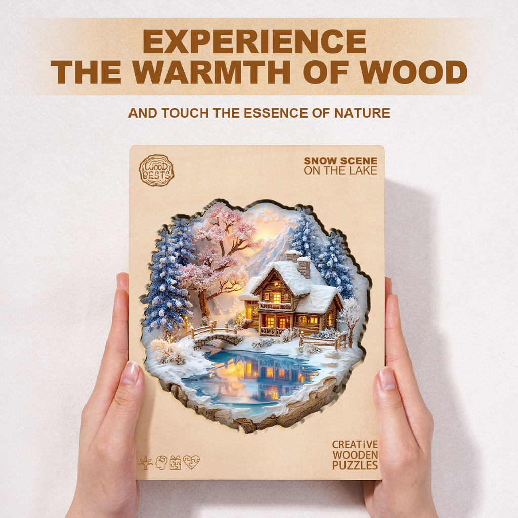 Snow scene on the lake Wooden Jigsaw Puzzle