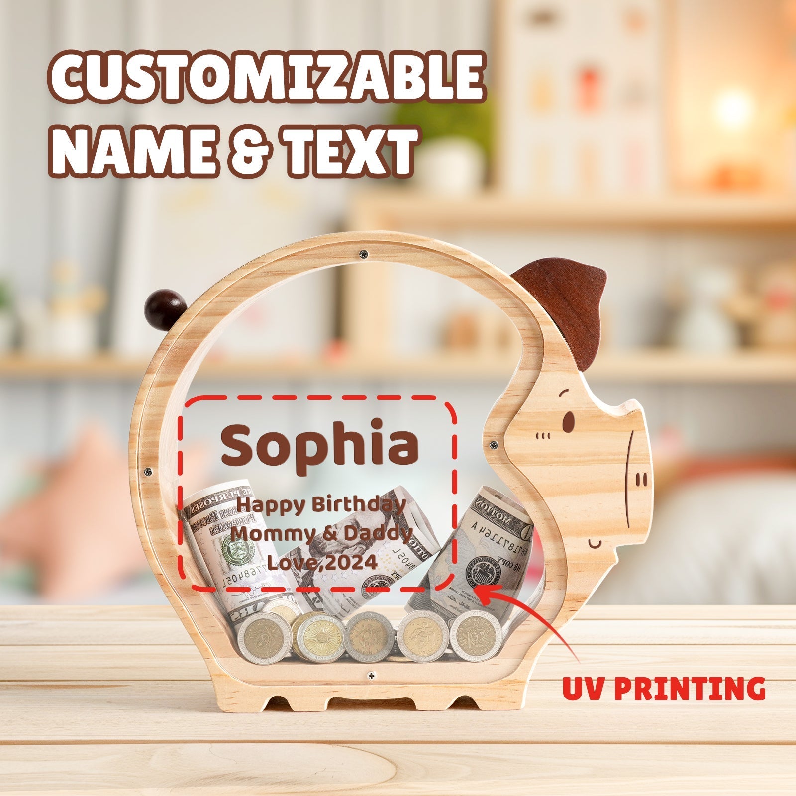 Custom Piggy Bank for Kids with Money Target and Numbers (1000 Dollar)