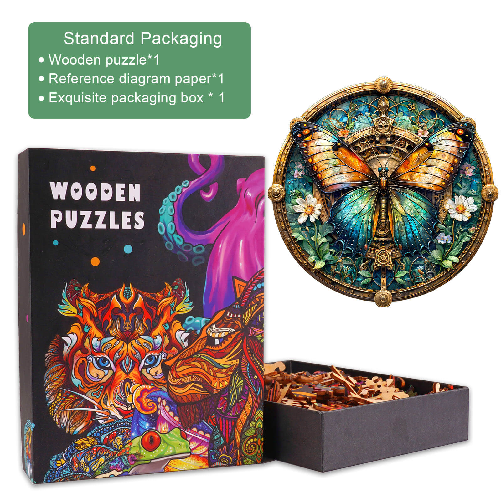 Vintage Butterfly wooden jigsaw puzzle box featuring colorful artwork and detailed butterfly design.