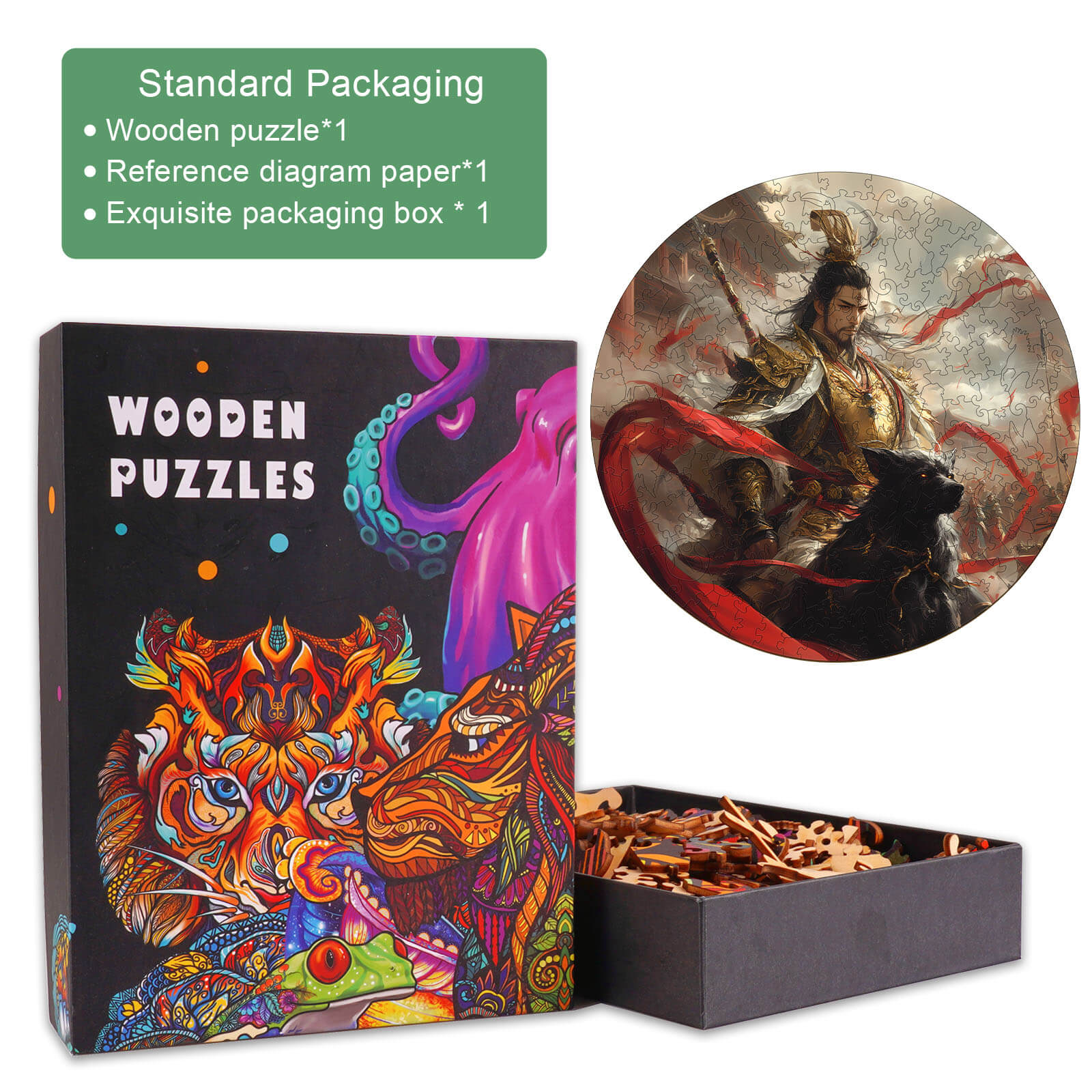 Erlangshen-1 wooden jigsaw puzzle packaging with colorful design and reference diagram for puzzle-solving fun.