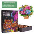 Colorful Flower Basket and Butterfly Wooden Jigsaw Puzzle in elegant packaging with pieces displayed.