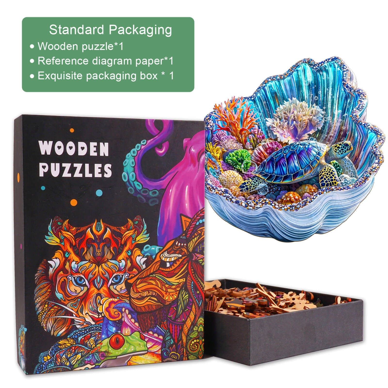 3D Giant Shell Dreams Wooden Jigsaw Puzzle in a beautifully designed box with intricate shell details.