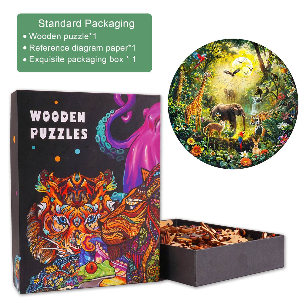 Colorful Animal Party Wooden Jigsaw Puzzle packaging with vibrant art and assembled puzzle image, perfect for focus and fun.